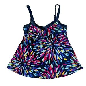 Rose Marie Reid Tankini Swimsuit Top Women L 12 D Cup Black Pink Floral Print